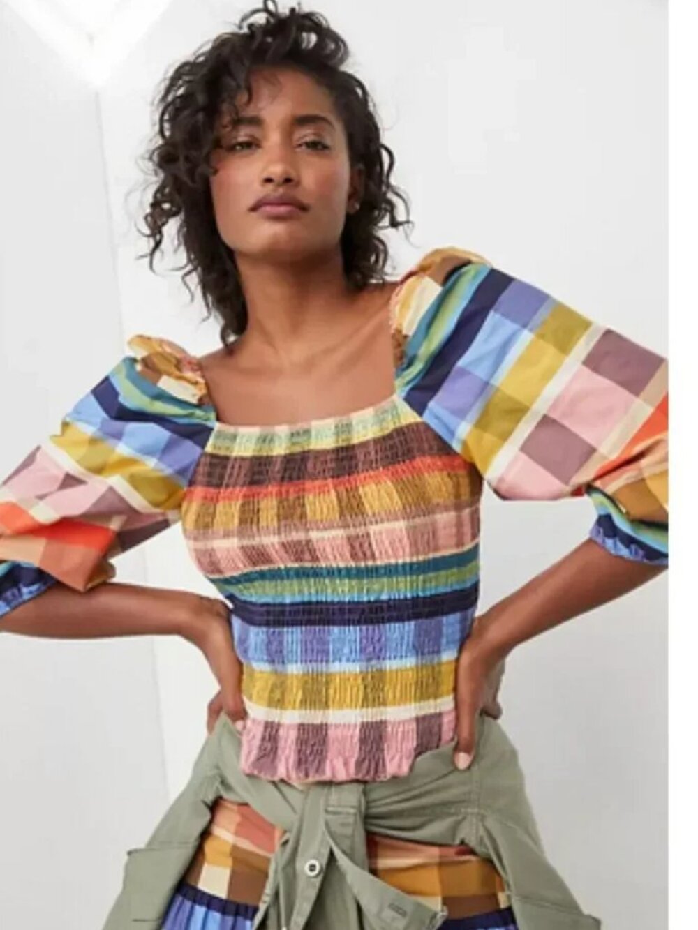 Farm Rio Anthropologie Seline Smocked Plaid Blouse crop top S